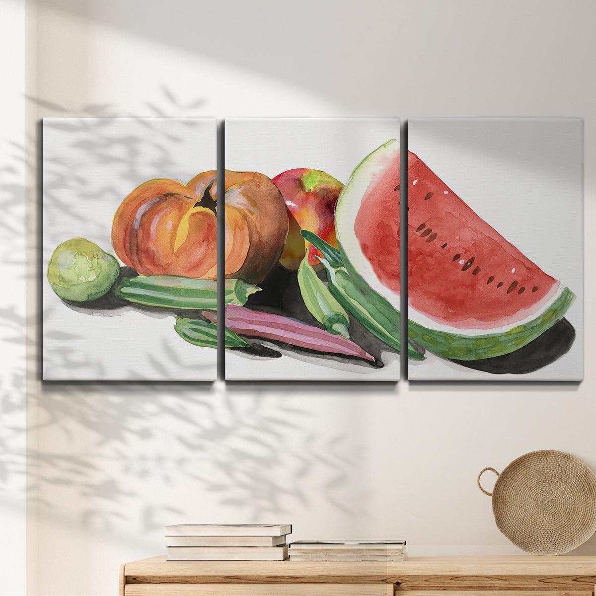 Three-panel canvas wall art featuring impressionist market still life, displayed in a minimalist living room above a console table.