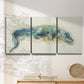 Three-panel canvas wall art featuring alligator illustrated wildlife portrait, displayed in a minimalist living room above a console table.