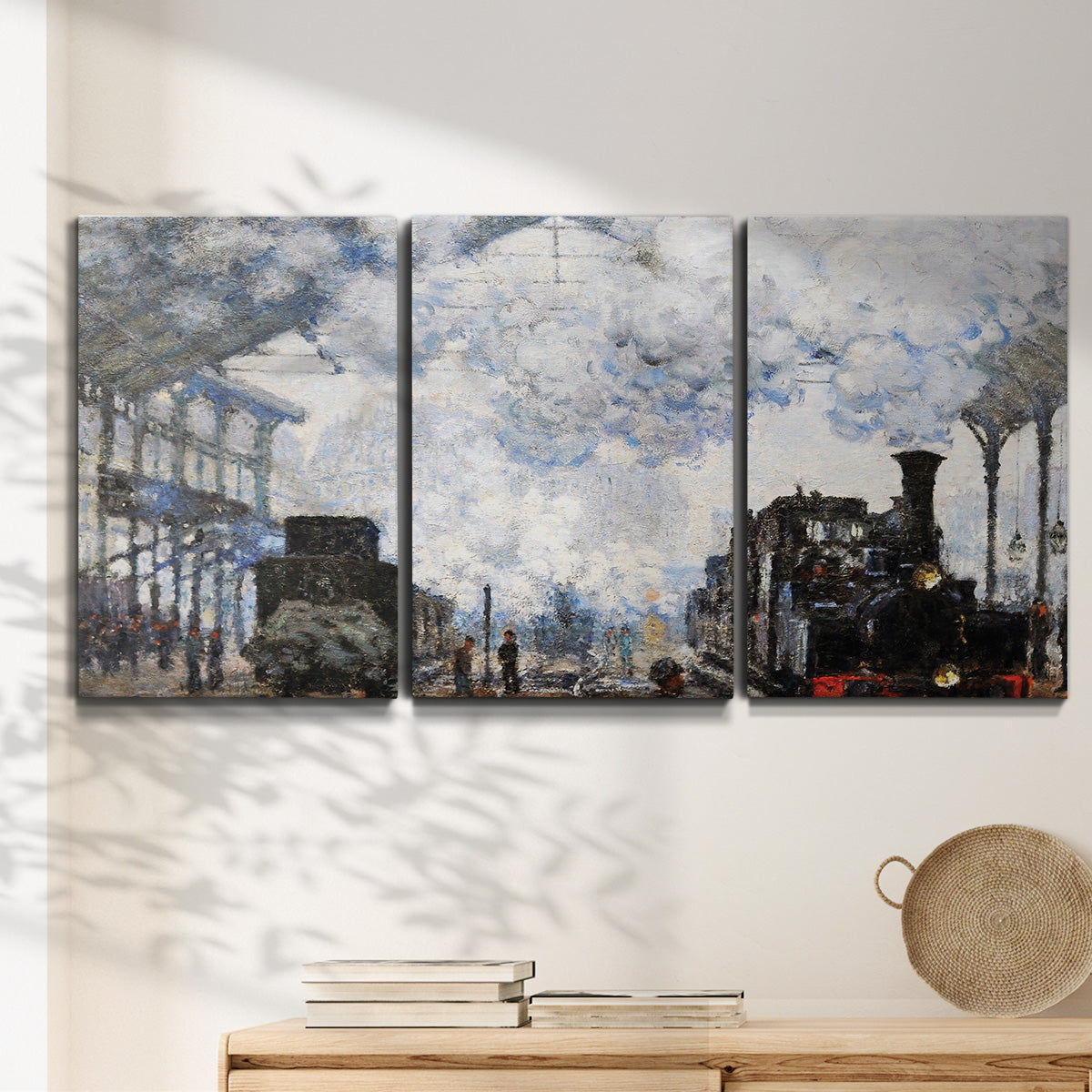 Three-panel canvas wall art featuring playful peach toned floral composition, displayed in a minimalist living room above a console table.