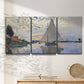 Three-panel canvas wall art featuring riverside village shoreline, displayed in a minimalist living room above a console table.