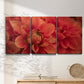 Three-panel canvas wall art featuring vivid red floral close up, displayed in a minimalist living room above a console table.