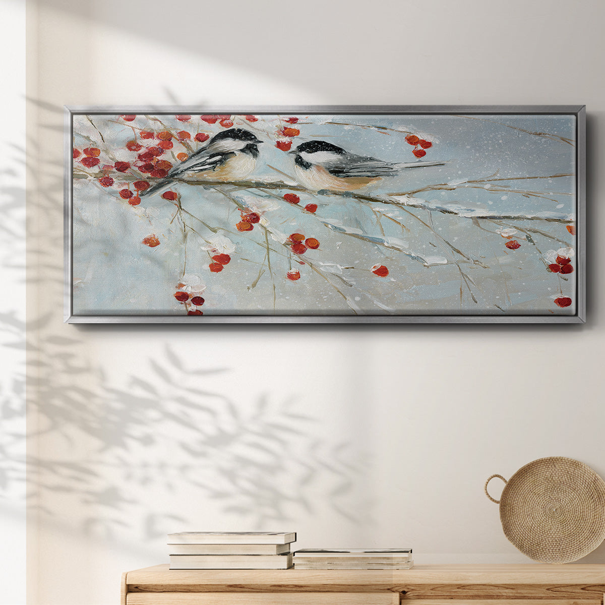 Chickadees in Winter - Floater Framed Canvas Print