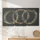 Three-panel canvas wall art featuring geometric abstract wave tangents, displayed in a minimalist living room above a console table.