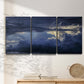 Three-panel canvas wall art featuring hot air balloons rising at dawn, displayed in a minimalist living room above a console table.