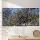 Three-panel canvas wall art featuring orchard of trees in spring bloom, displayed in a minimalist living room above a console table.