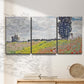Three-panel canvas wall art featuring open poppy field in countryside, displayed in a minimalist living room above a console table.