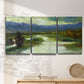 Three-panel canvas wall art featuring open meadow landscape with distant hills, displayed in a minimalist living room above a console table.