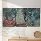 Three-panel canvas wall art featuring olive trees in sunlit garden, displayed in a minimalist living room above a console table.