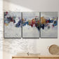 Three-panel canvas wall art featuring abstract water inspired composition, displayed in a minimalist living room above a console table.