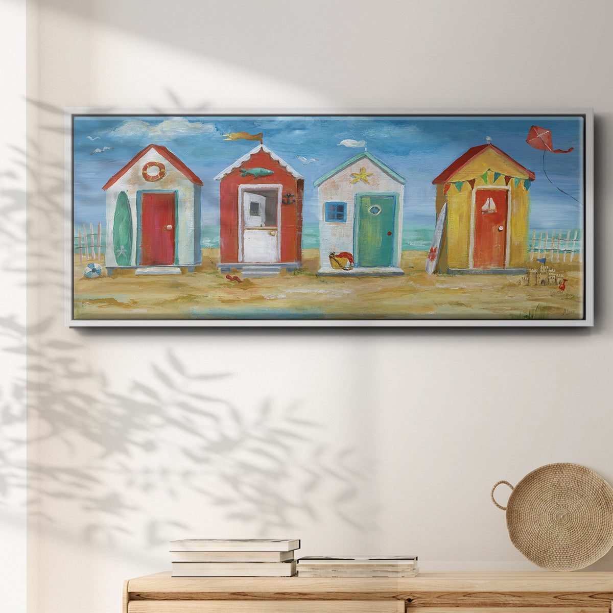 Bright Beach Huts - Floater Framed Canvas Print
