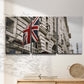 Three-panel canvas wall art featuring london street scene photograph, displayed in a minimalist living room above a console table.