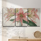 Three-panel canvas wall art featuring vintage styled amaryllis floral study, displayed in a minimalist living room above a console table.