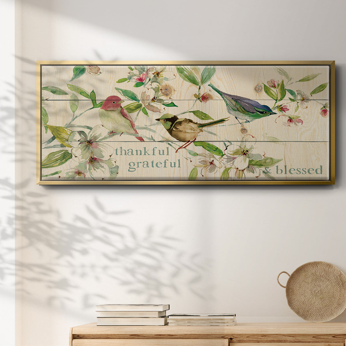 Grateful Thankful Blessed Birds - Floater Framed Canvas Print