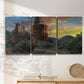 Three-panel canvas wall art featuring dramatic canyon landscape at dusk, displayed in a minimalist living room above a console table.