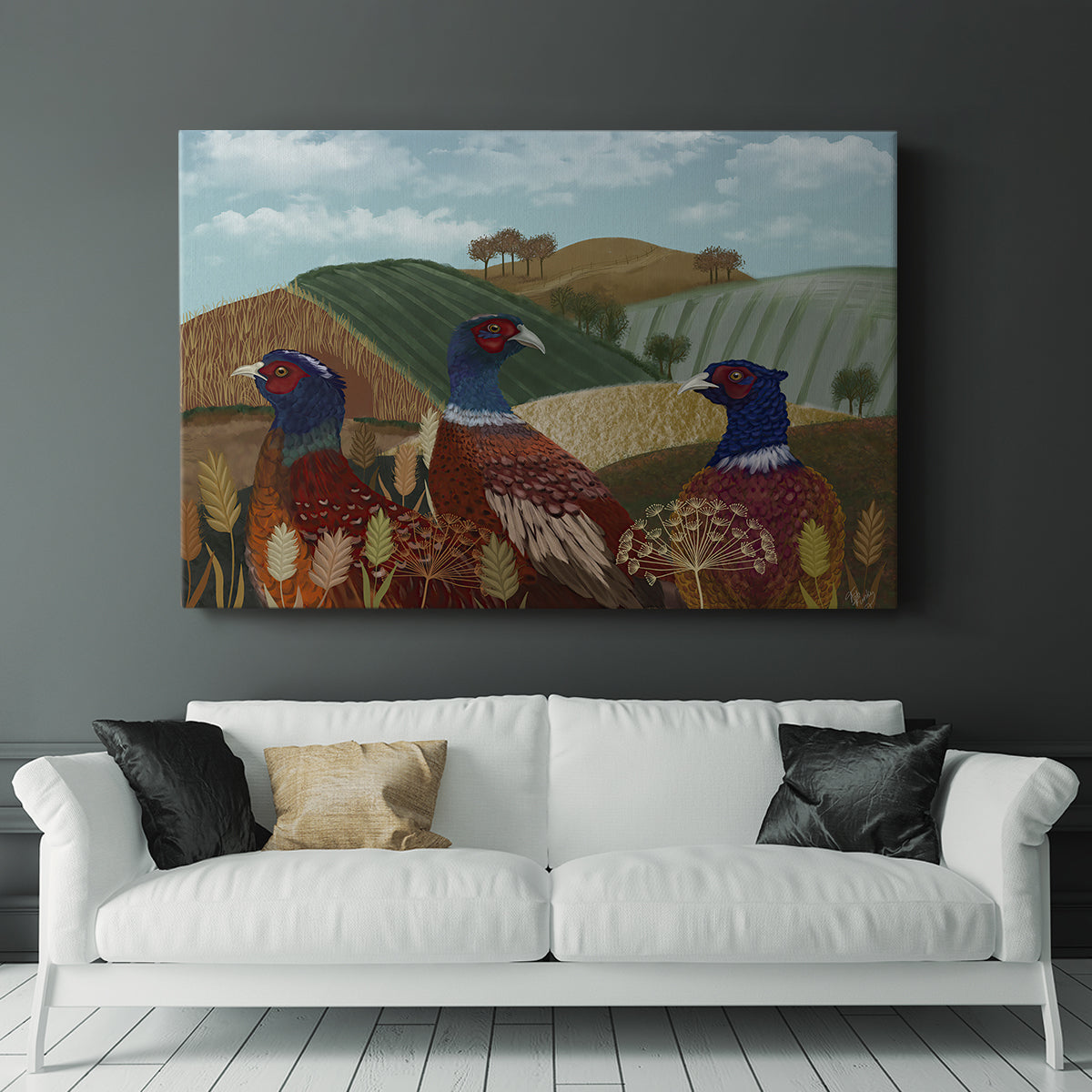 Pheasant Trio in Field - Canvas Art Print