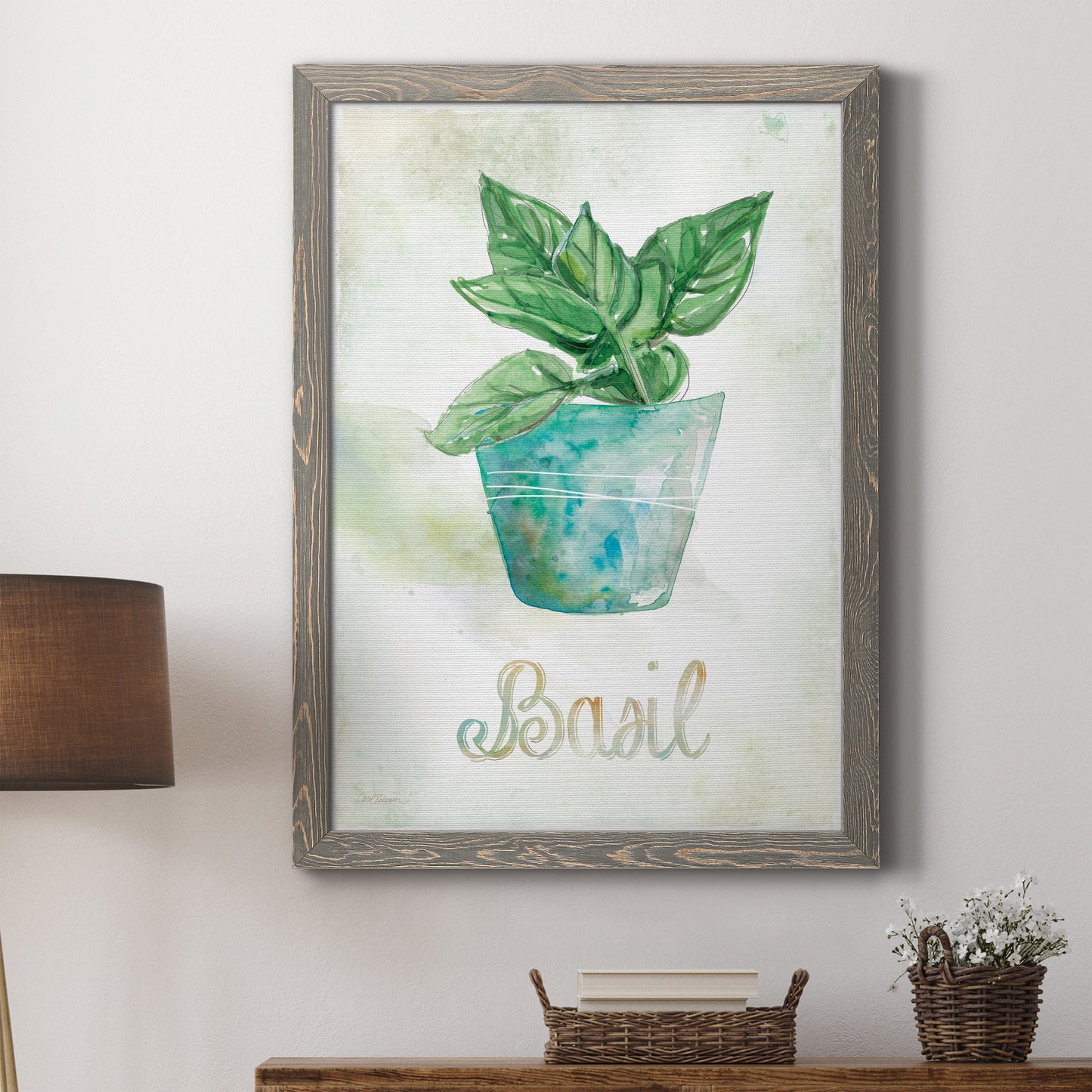 Potted Basil - Premium Canvas Framed in Barnwood - Ready to Hang