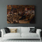 Canvas art print of a dramatic composition of a chaotic gathering in an ornate hall styled above a sofa in a contemporary interior.