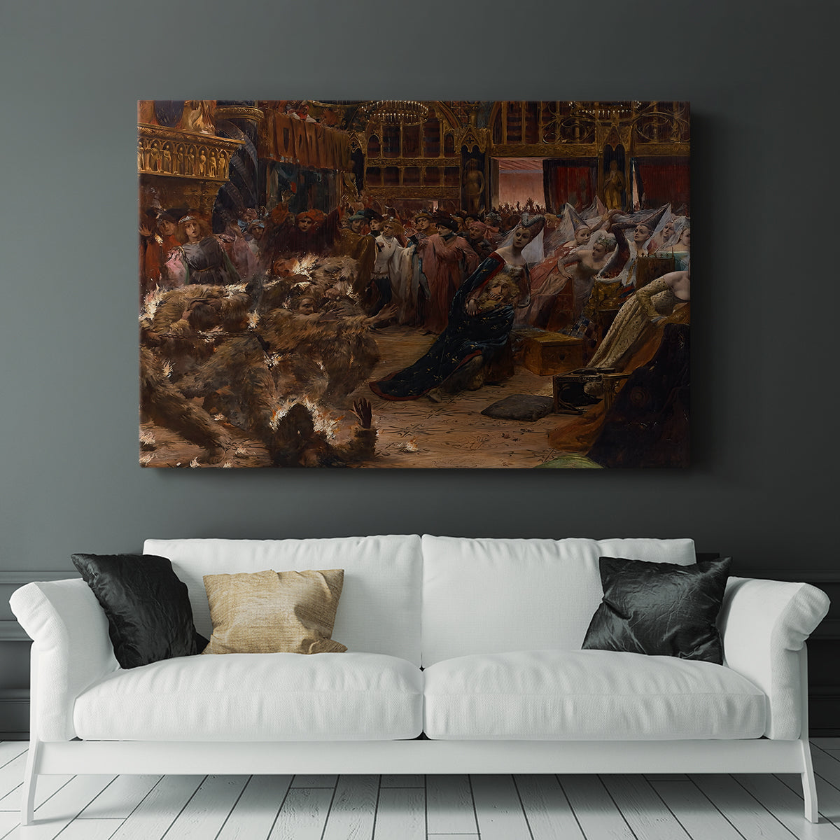 Canvas art print of a dramatic composition of a chaotic gathering in an ornate hall styled above a sofa in a contemporary interior.