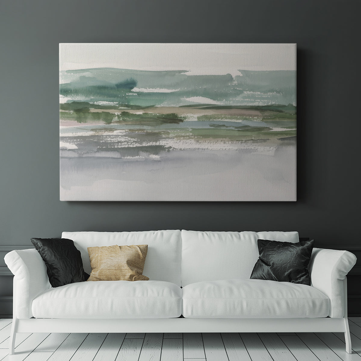 Abstract landscape depicting serene water and rolling hills under soft, muted tones capturing peaceful natural beauty