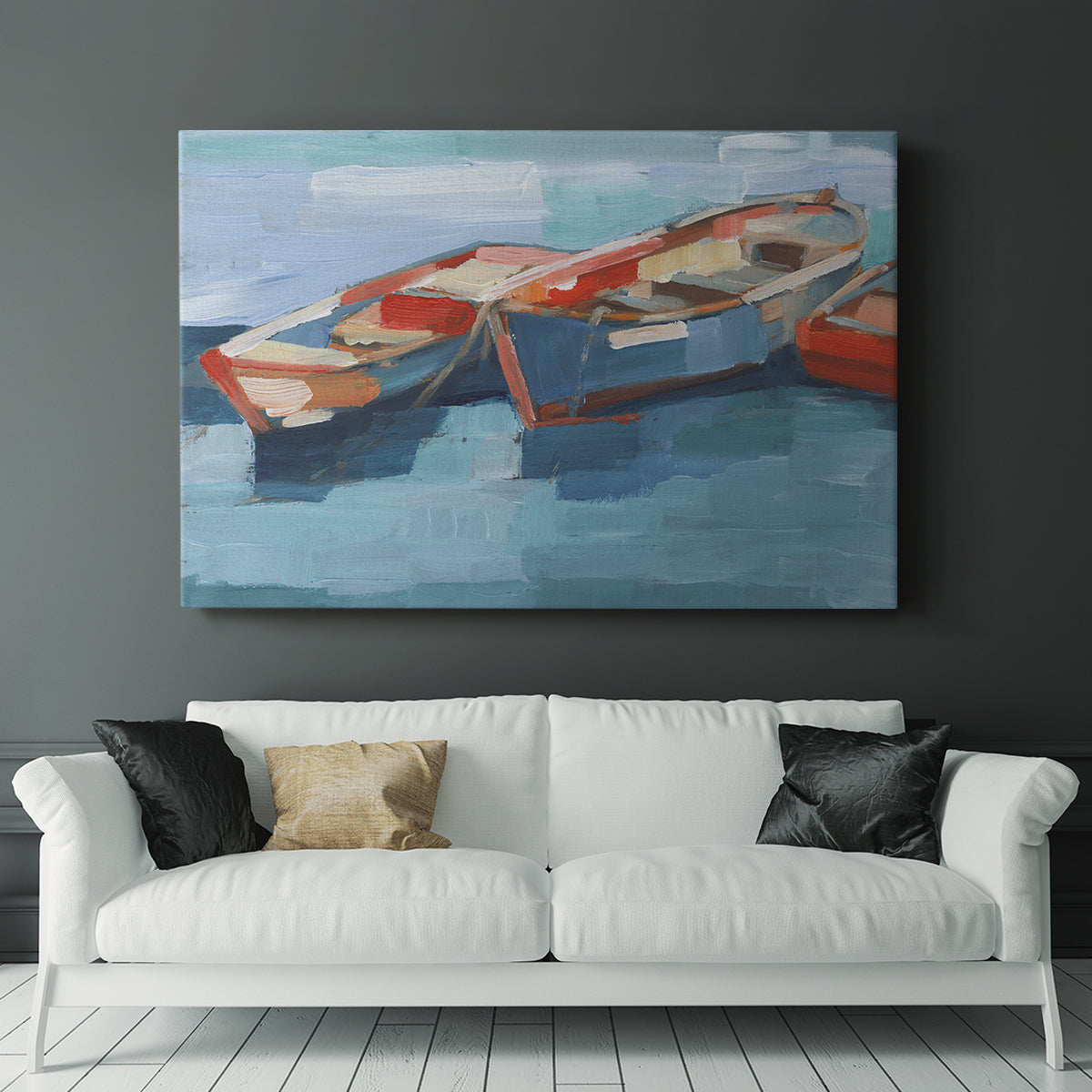 Colorful boats float calmly on the water, capturing a serene maritime atmosphere in a vibrant artistic style