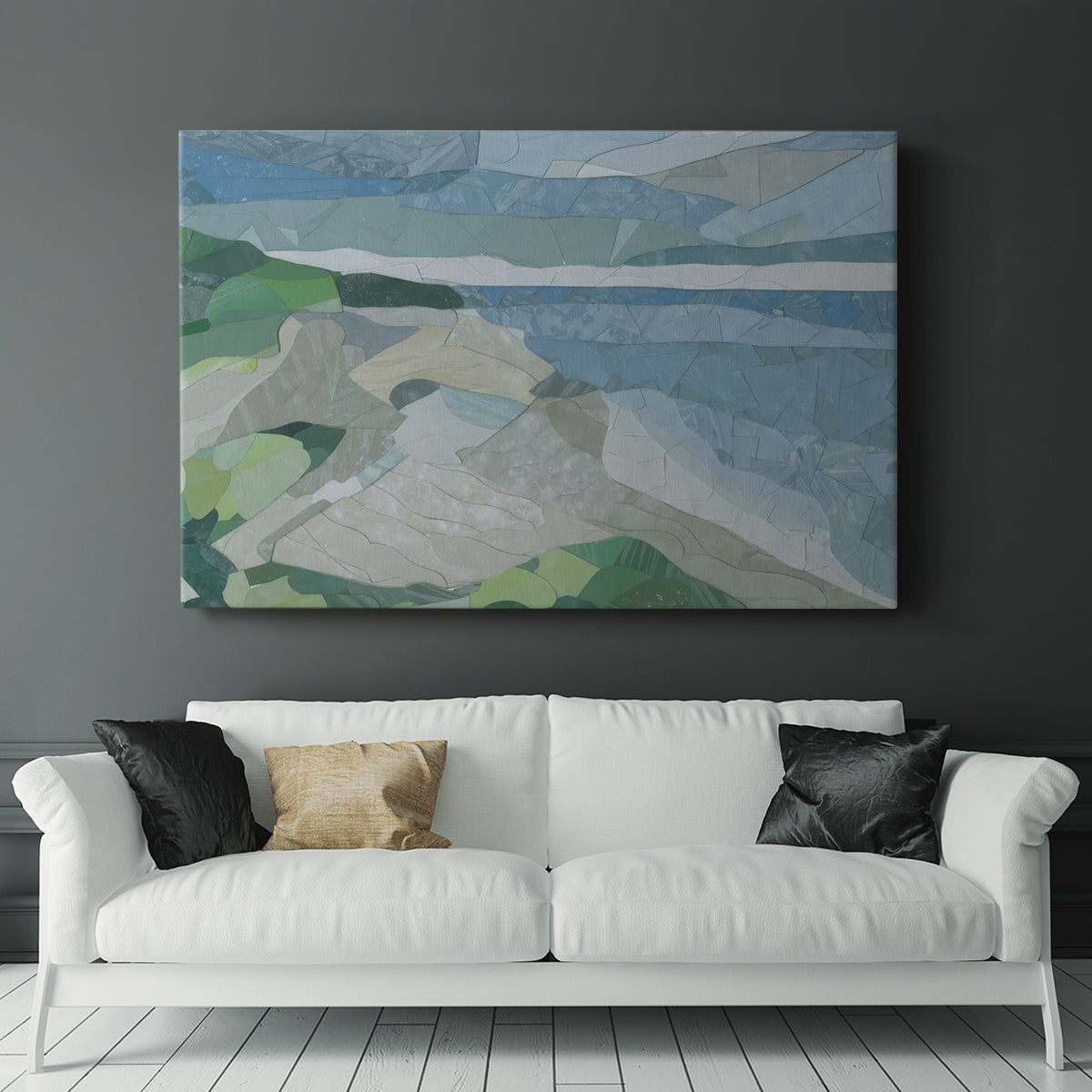 Colorful geometric landscape artwork depicting a coastal view with blue waters and green hills during daytime