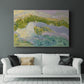 Serene coastal landscape with gentle waves and green hills under soft pastel skies at sunset