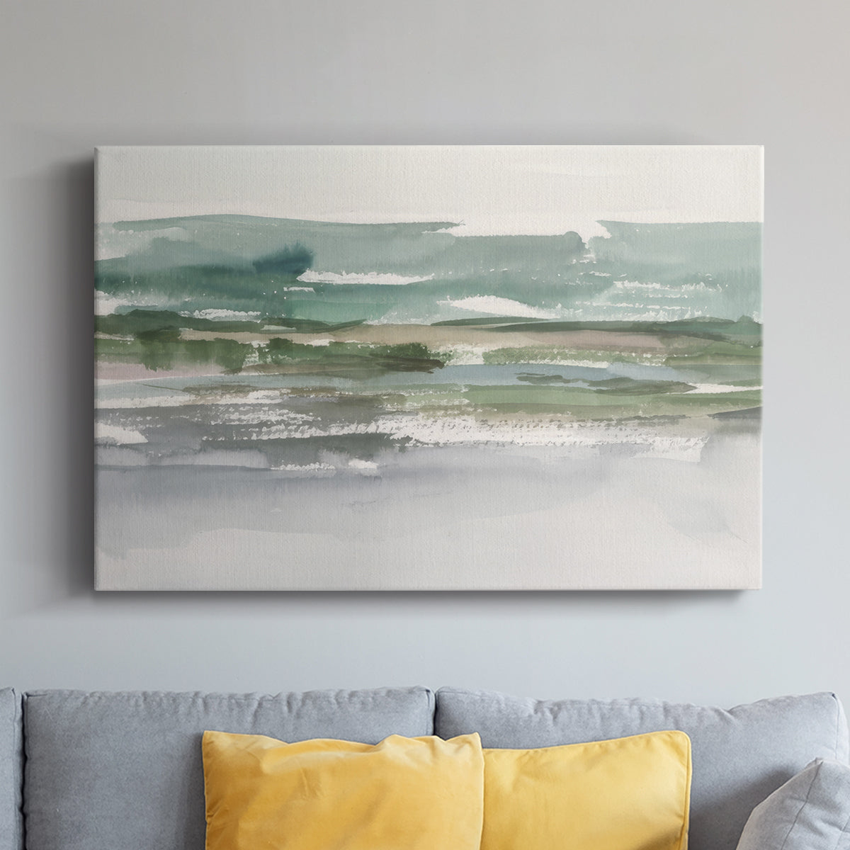 Abstract landscape depicting serene water and rolling hills under soft, muted tones capturing peaceful natural beauty