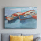 Colorful boats float calmly on the water, capturing a serene maritime atmosphere in a vibrant artistic style