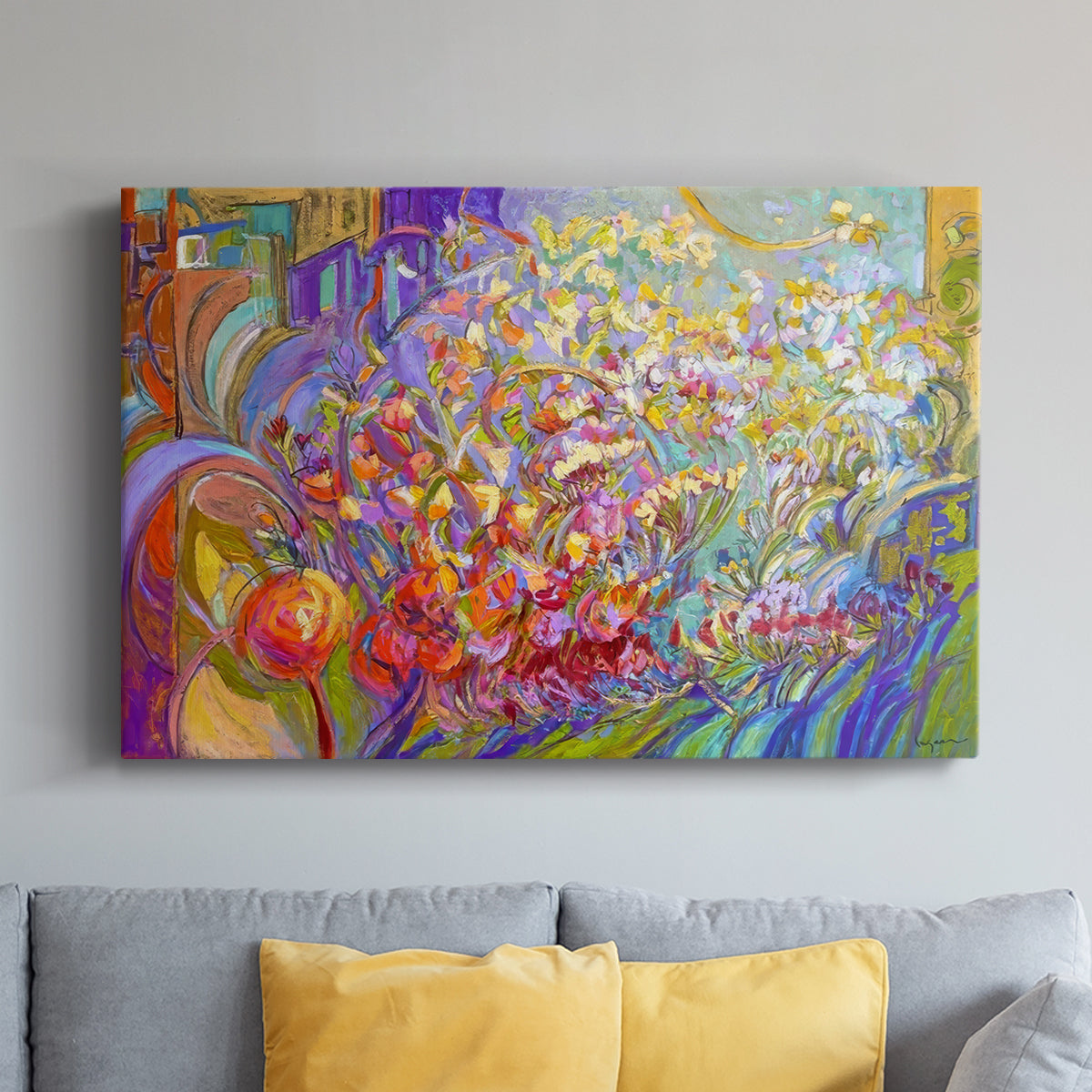 Vibrant floral composition showcasing bright colors and dynamic shapes in an abstract style