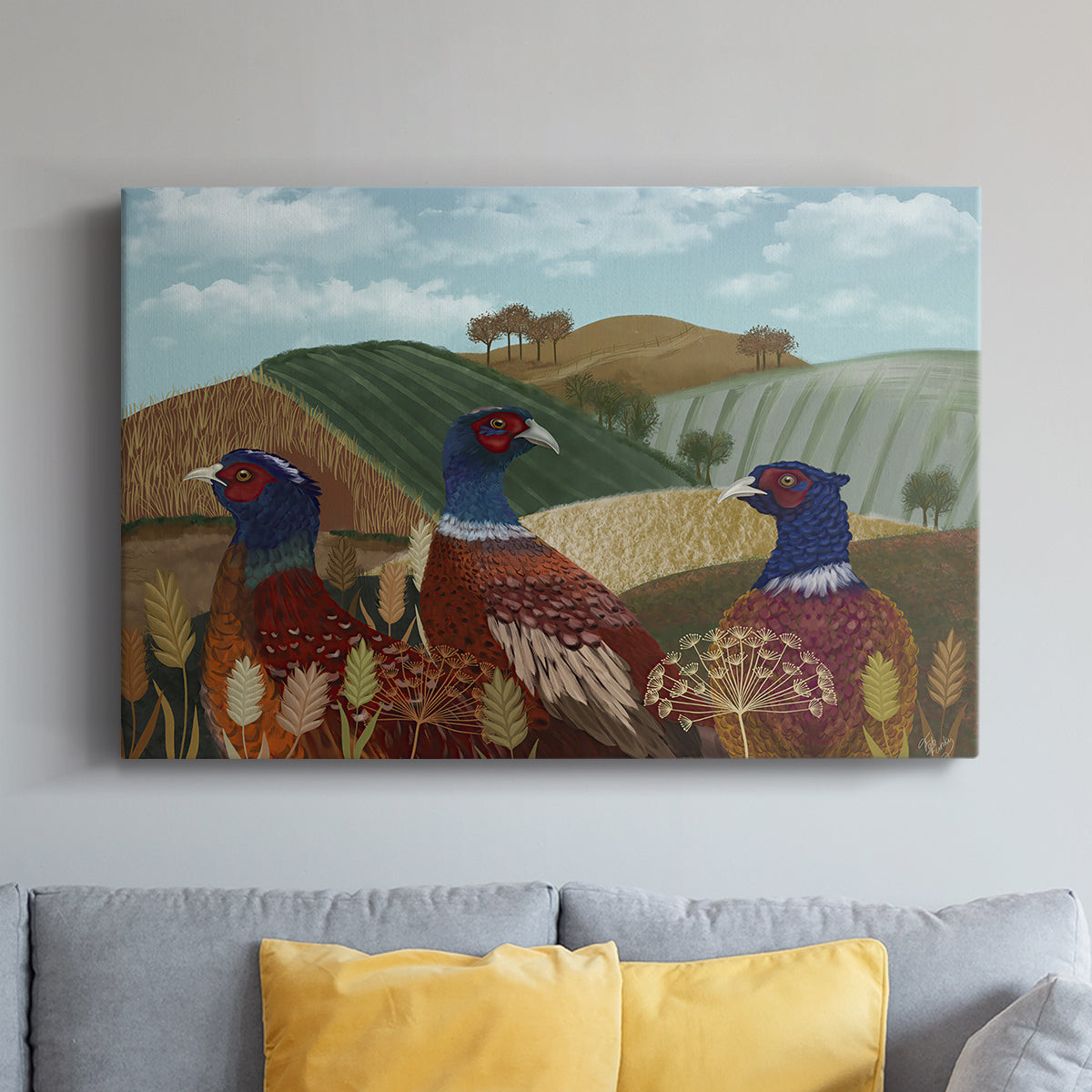 Pheasant Trio in Field - Canvas Art Print