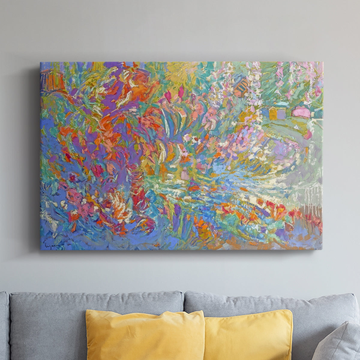 Vibrant display of colors depicting a lush garden blooming with flowers in an abstract style reflecting serenity and joy