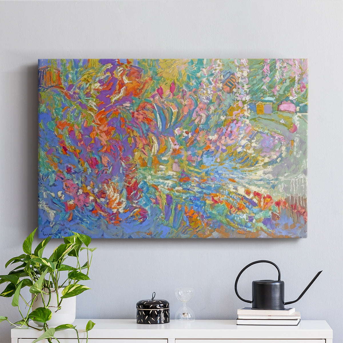 Vibrant display of colors depicting a lush garden blooming with flowers in an abstract style reflecting serenity and joy