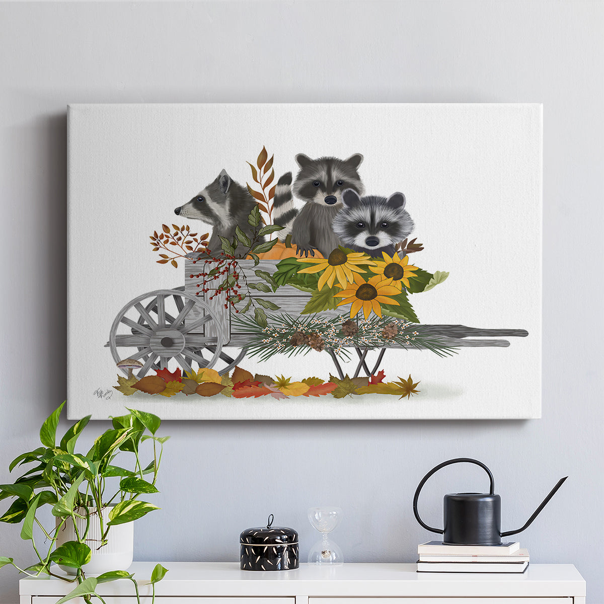 Raccoon Wheelbarrow - Canvas Art Print