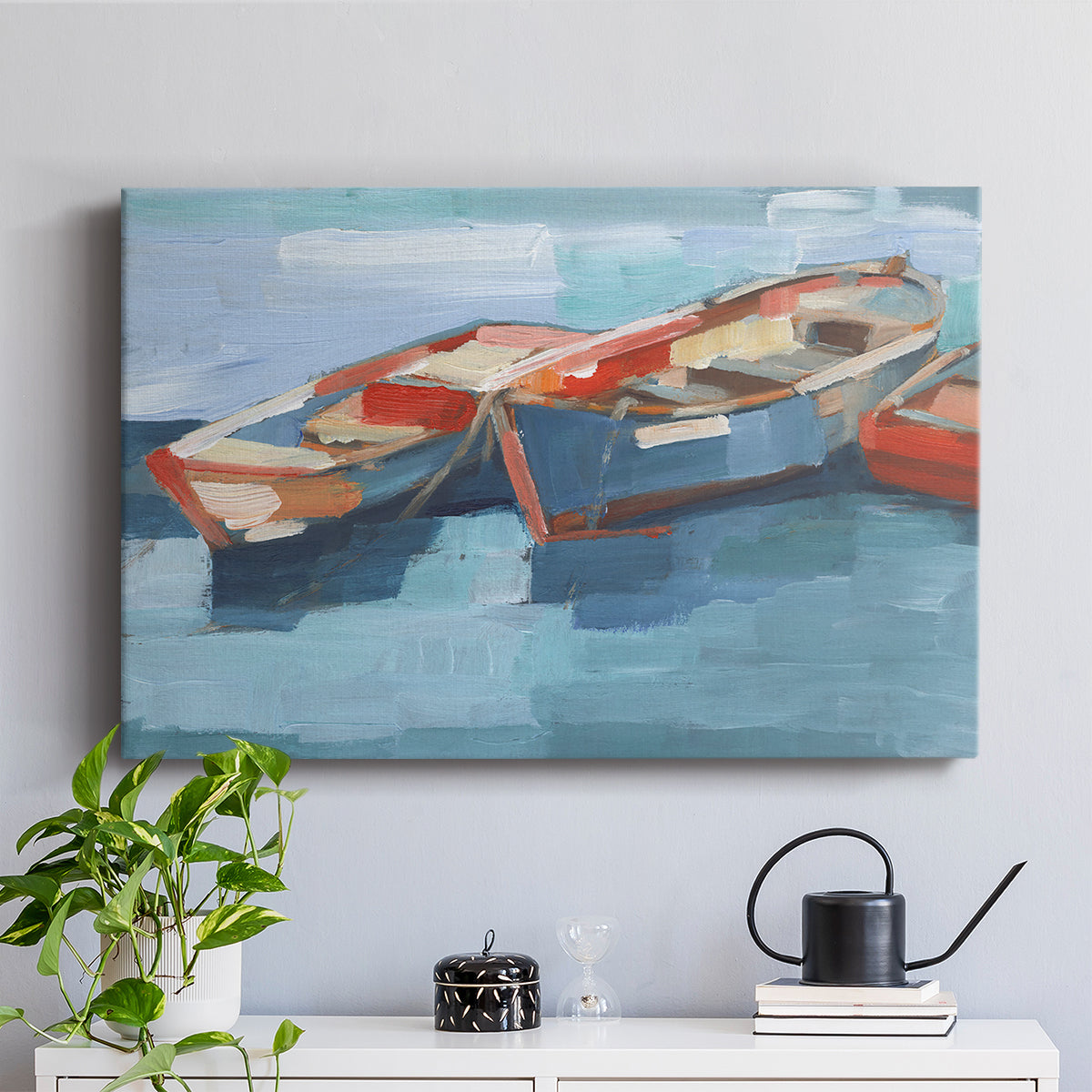 Colorful boats float calmly on the water, capturing a serene maritime atmosphere in a vibrant artistic style