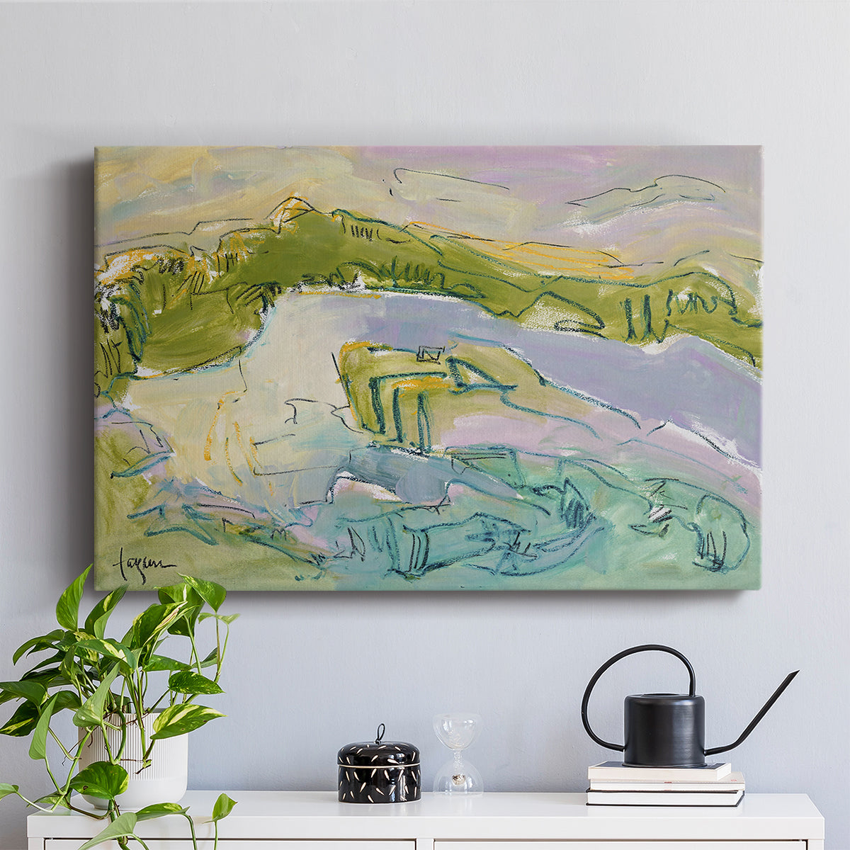 Serene coastal landscape with gentle waves and green hills under soft pastel skies at sunset