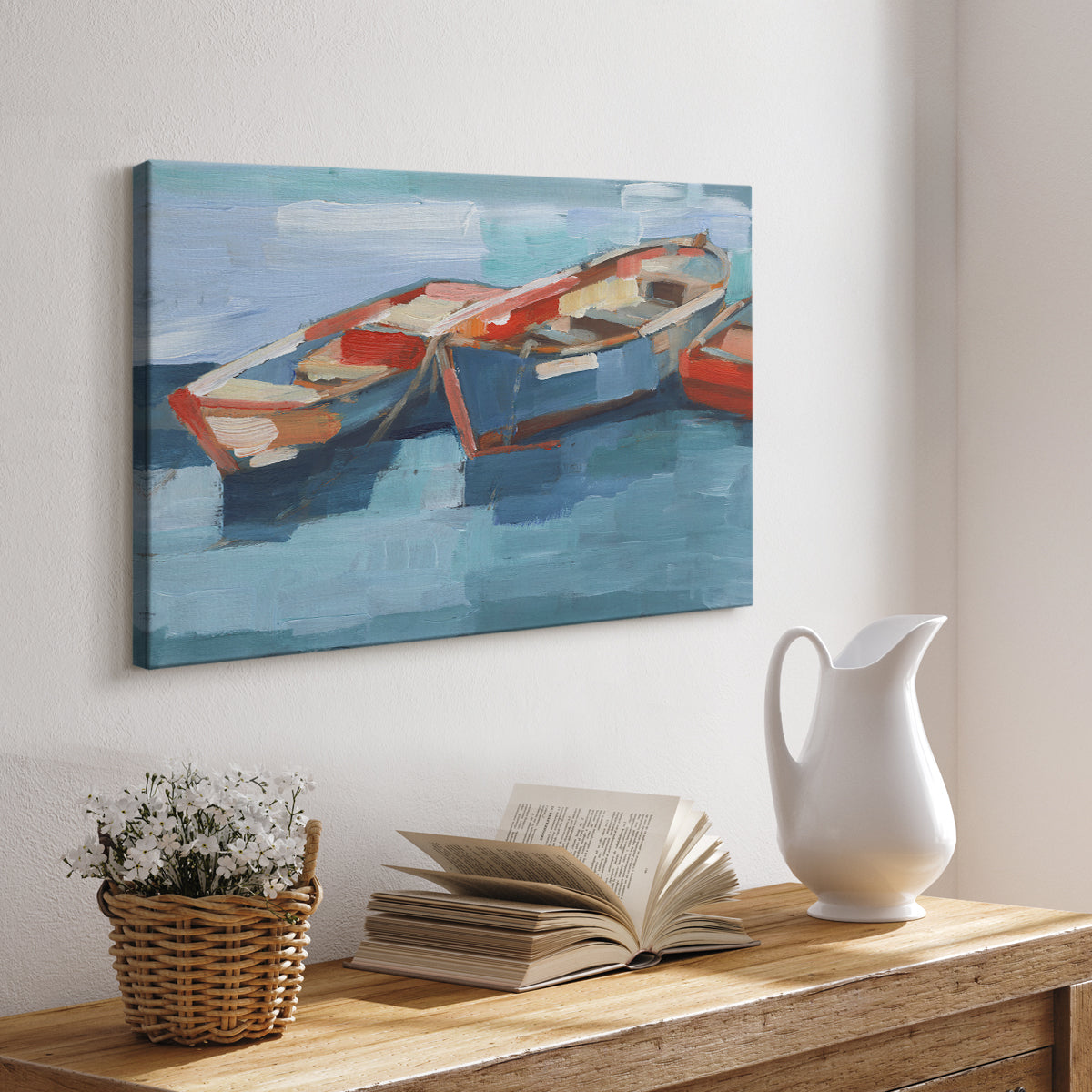 Colorful boats float calmly on the water, capturing a serene maritime atmosphere in a vibrant artistic style