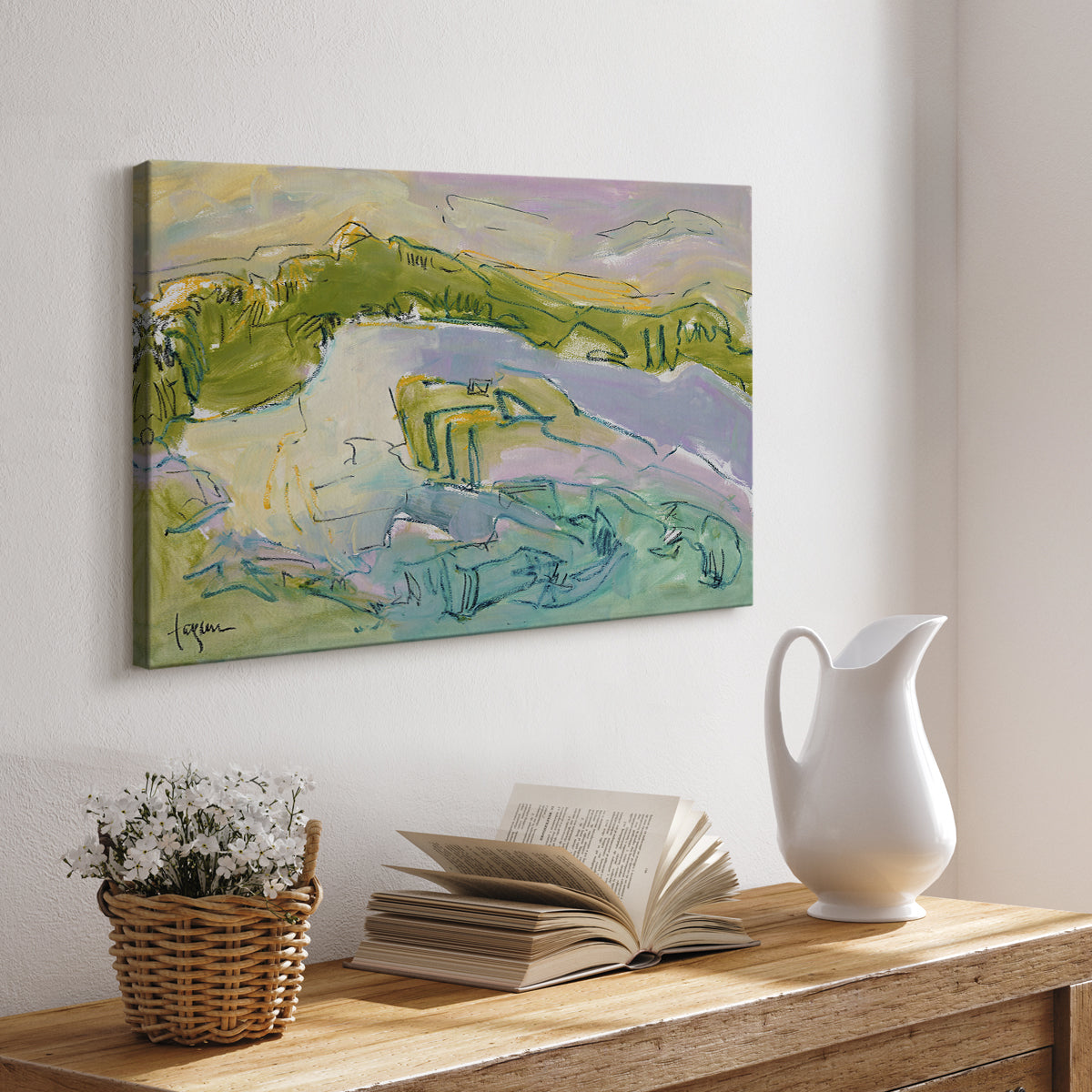 Serene coastal landscape with gentle waves and green hills under soft pastel skies at sunset