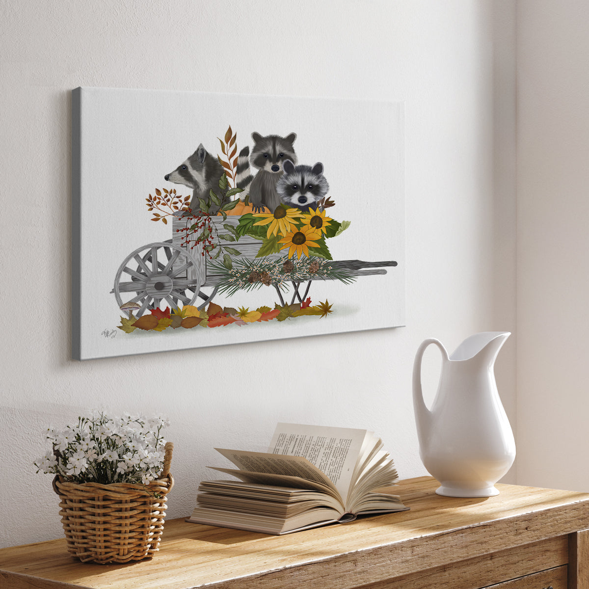 Raccoon Wheelbarrow - Canvas Art Print
