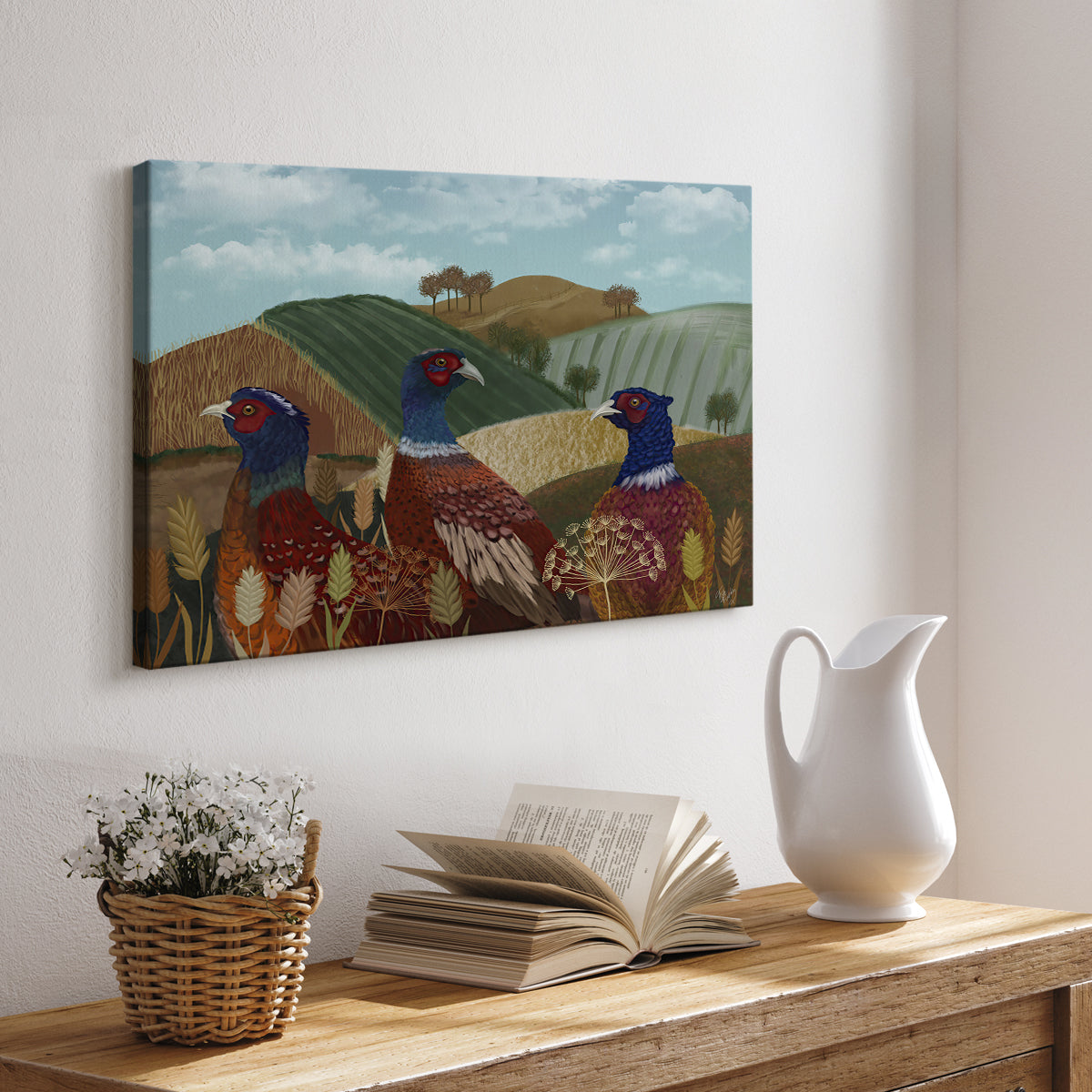 Pheasant Trio in Field - Canvas Art Print