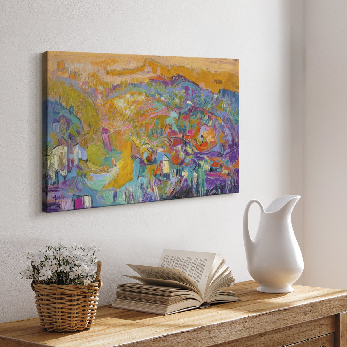 Colorful abstract landscape depicting vibrant hills and valleys at sunset with varying hues and forms