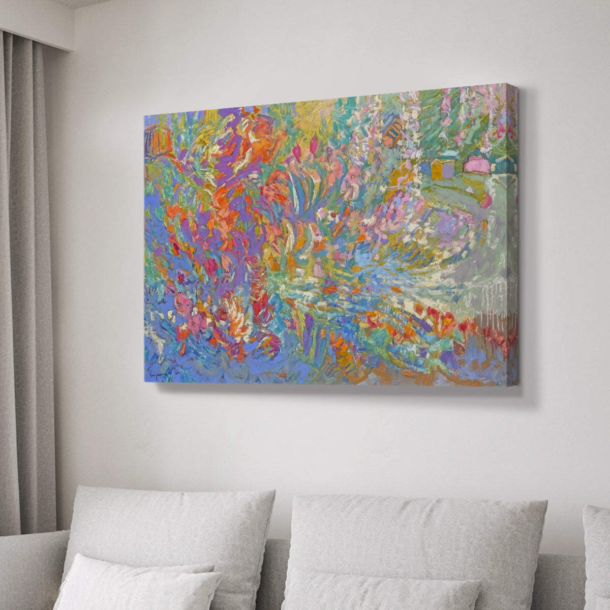 Vibrant display of colors depicting a lush garden blooming with flowers in an abstract style reflecting serenity and joy