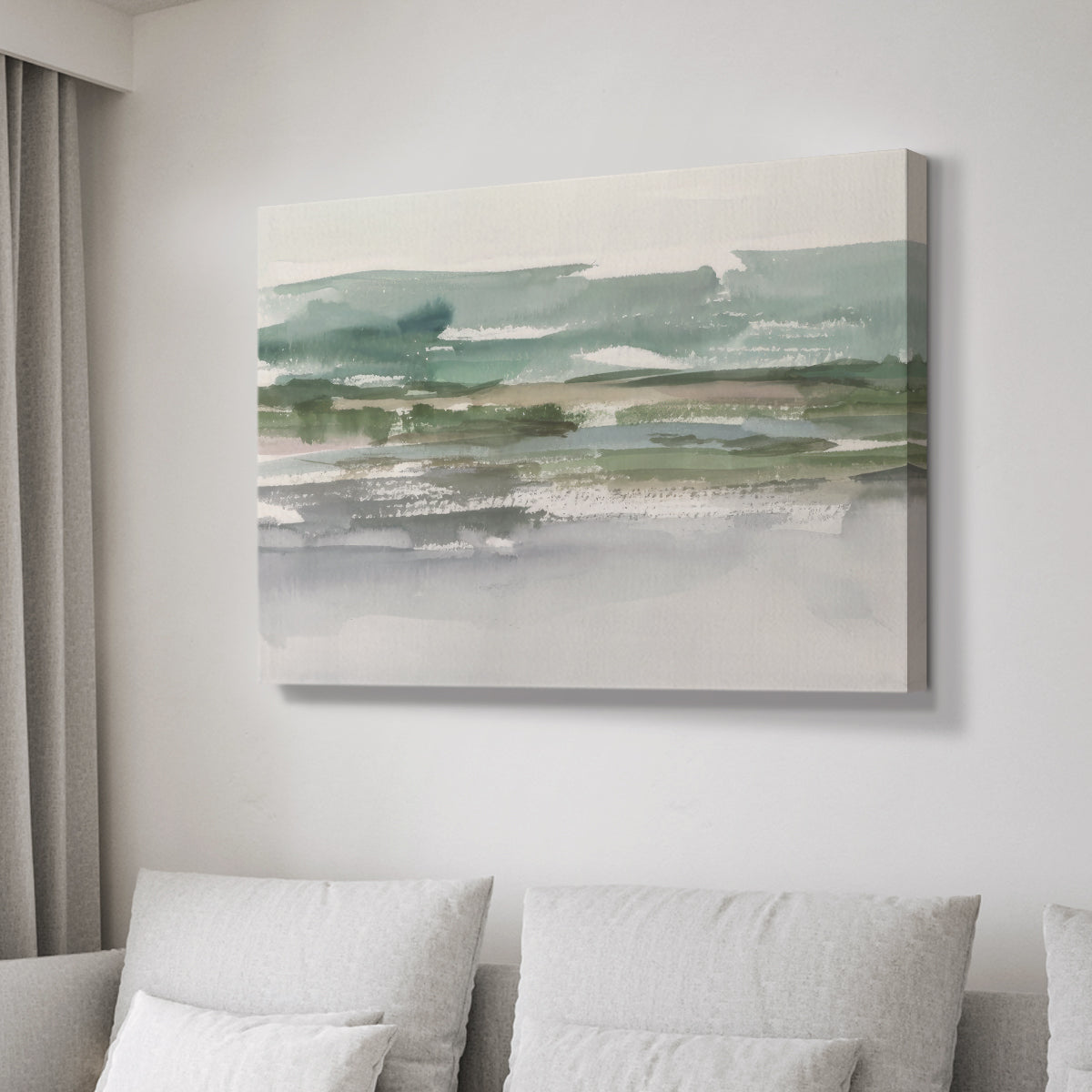 Abstract landscape depicting serene water and rolling hills under soft, muted tones capturing peaceful natural beauty