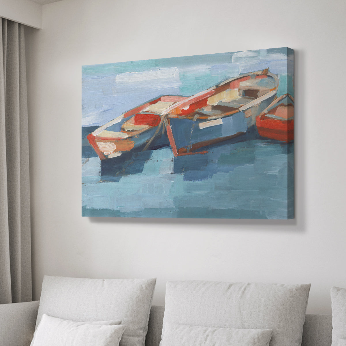 Colorful boats float calmly on the water, capturing a serene maritime atmosphere in a vibrant artistic style