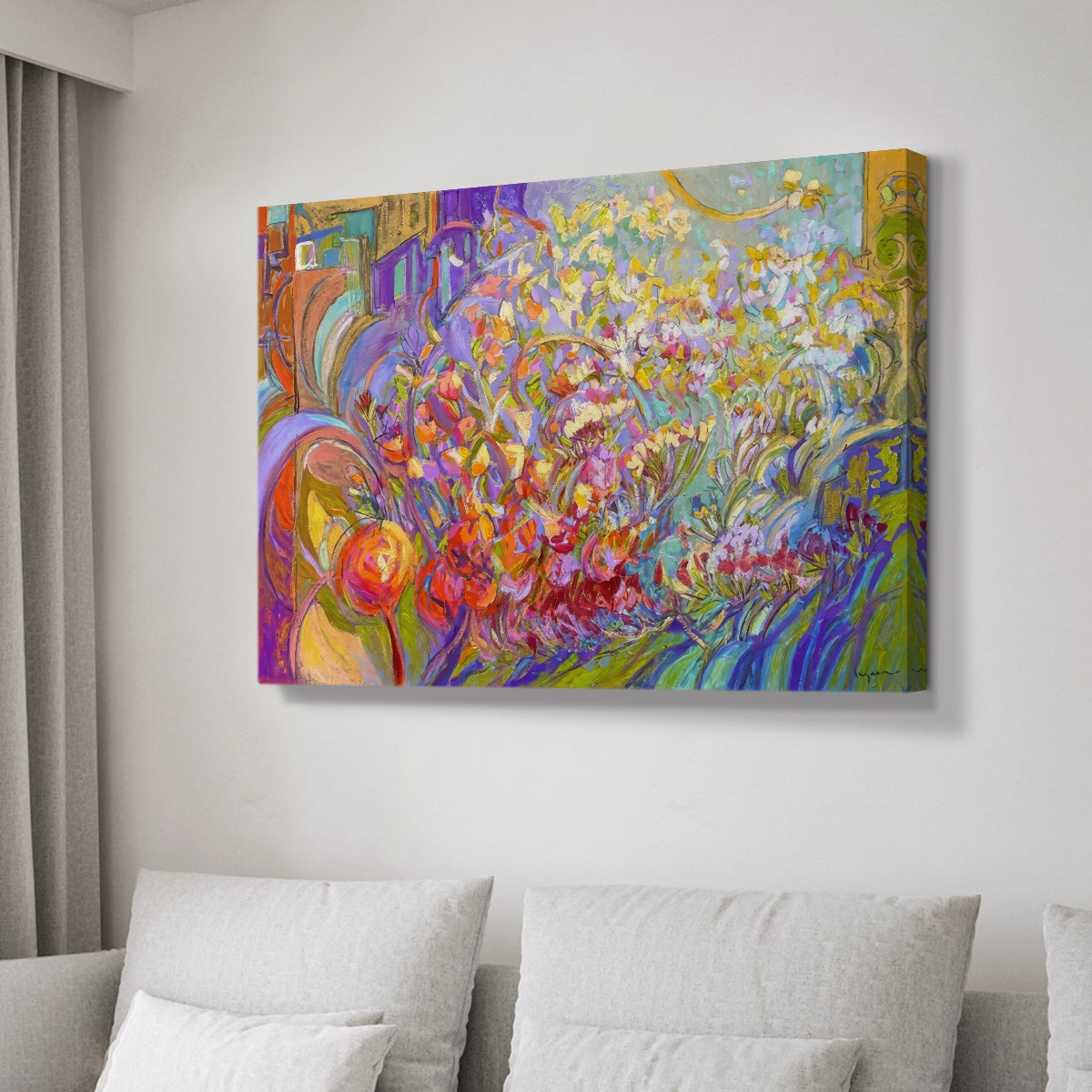 Vibrant floral composition showcasing bright colors and dynamic shapes in an abstract style