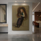 Canvas art print of a realistic portrait of a Norwegian woman in traditional dress, soft earthy tones displayed as a statement piece in a spacious interior.