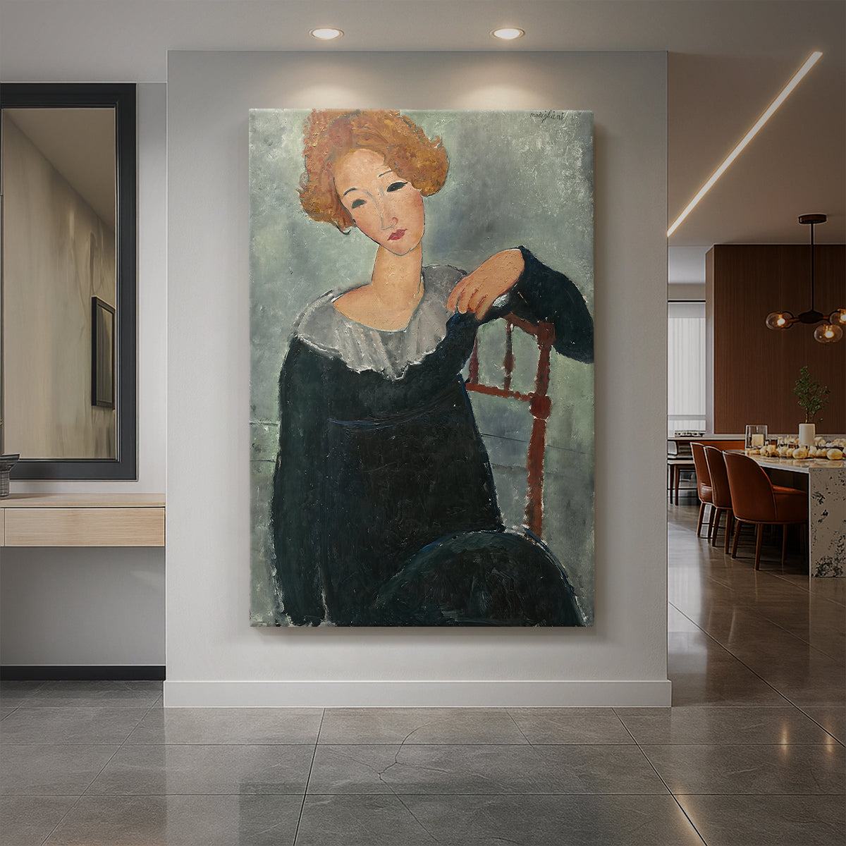 Canvas art print of an expressionist portrait of a woman with red hair and elongated features displayed as a statement piece in a spacious interior.