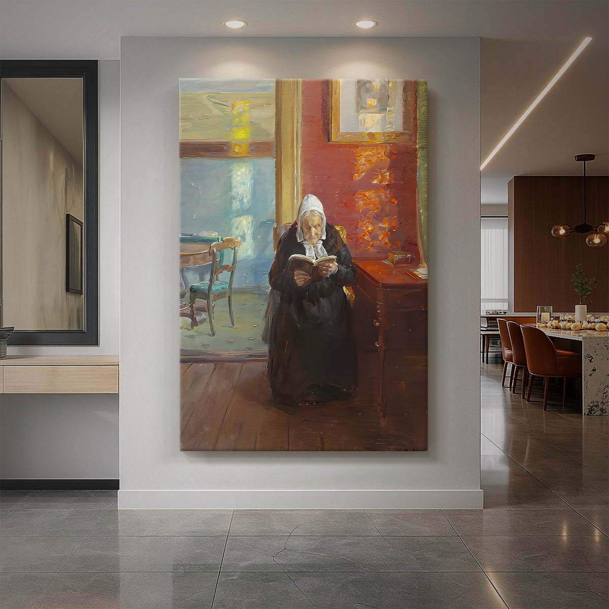 Canvas art print of a domestic interior with a woman reading in a red-toned room with soft light displayed as a statement piece in a spacious interior.