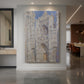 Canvas art print of an impressionist view of a cathedral façade in shifting sunlight displayed as a statement piece in a spacious interior.