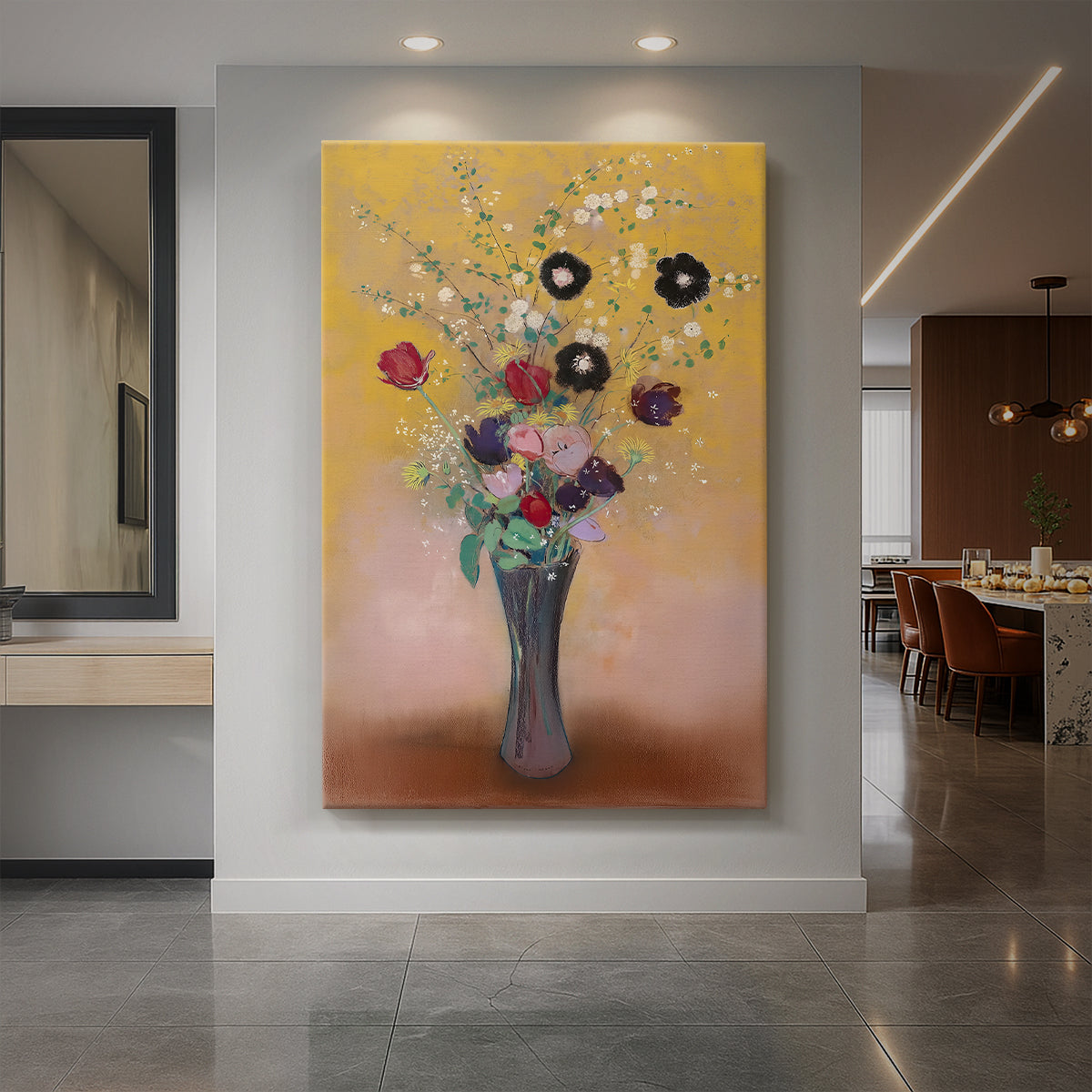 Canvas art print of a symbolic still life of flowers in a vase with soft blended color displayed as a statement piece in a spacious interior.