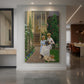 Canvas art print of a realistic scene of two girls standing in a garden with soft natural light displayed as a statement piece in a spacious interior.